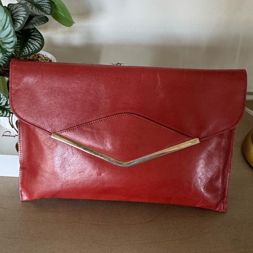 Red  Orange Leather Clutch with Gold Accent